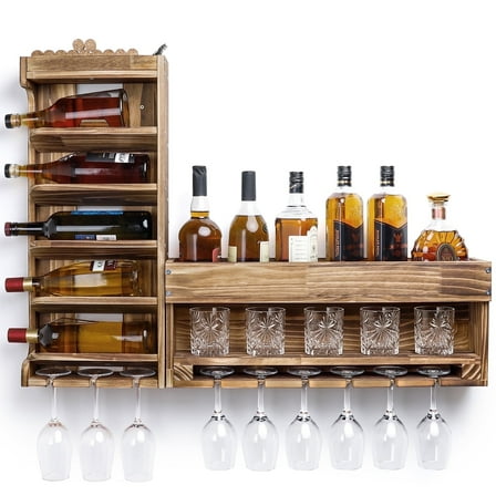 VigorPro Wall Mounted Wine Rack - Wooden Whiskey Shelf with Stemware Holder & Cork Storage, Home Bar Decor