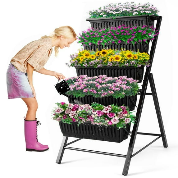 Homdox 3.74FT Vertical Raised Garden Stand, 5 Tiers Vertical Garden Planter with 4 Hooks, 23"L*26"W*45"H Garden Raised Stand, Indoor Outdoor Flower Planter Raised Bed for Garden Patio Yard, Black