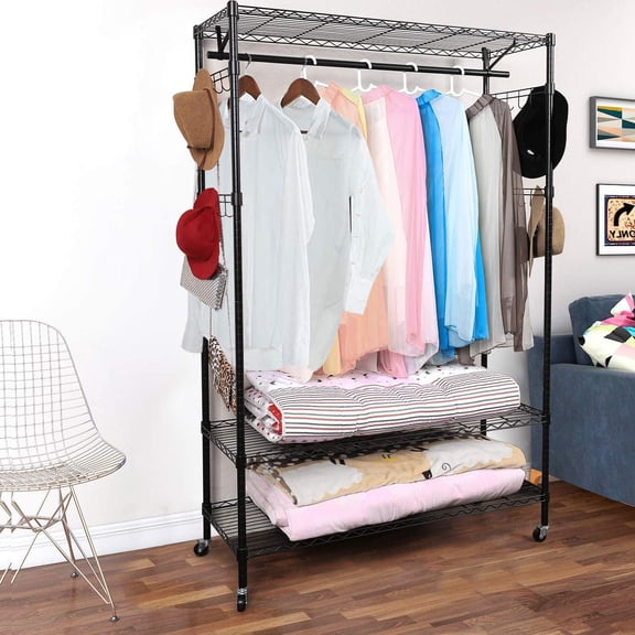 Homdox 3-Tiers Big Size Heavy Duty Wire Shelving Unit Garment Rack with Hanger Bar Wheels+2 Pair Side Hooks,Black
