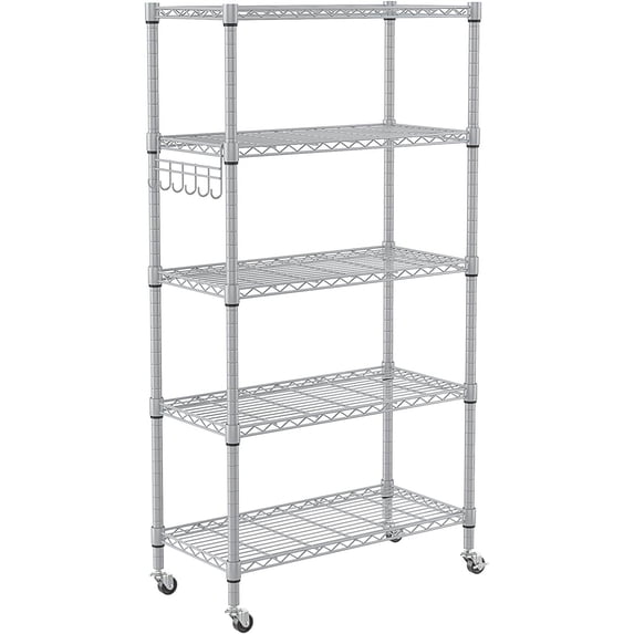 Homdox 5 Tier Adjustable Rolling Storage Shelves, Heavy Duty Wire Racks and Shelving, Metal Shelves for with Side Hooks Pantry Closet Kitchen Garage Organization, Silver Gray (AM5098_L_SIL)