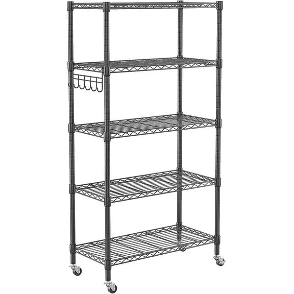 Homdox 5 Tier Metal Storage Shelves with Wheels, Heavy Duty Wire Shelving Unit, Adjustable Storage Racks with Side Hooks for Bathroom Kitchen Garage Pantry Organization, Black