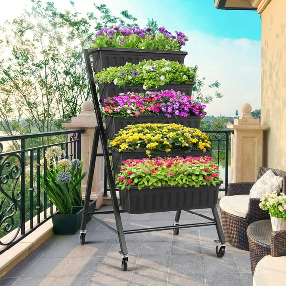 Homdox 5-Tiers Garden Planter with Lockable Caster Wheels, 4FT Vertical Raised Garden Bed, Metal Elevated Planter Box for Vegetable Flower Herbs Outdoor Indoor, 27.2"x30"x48", Black