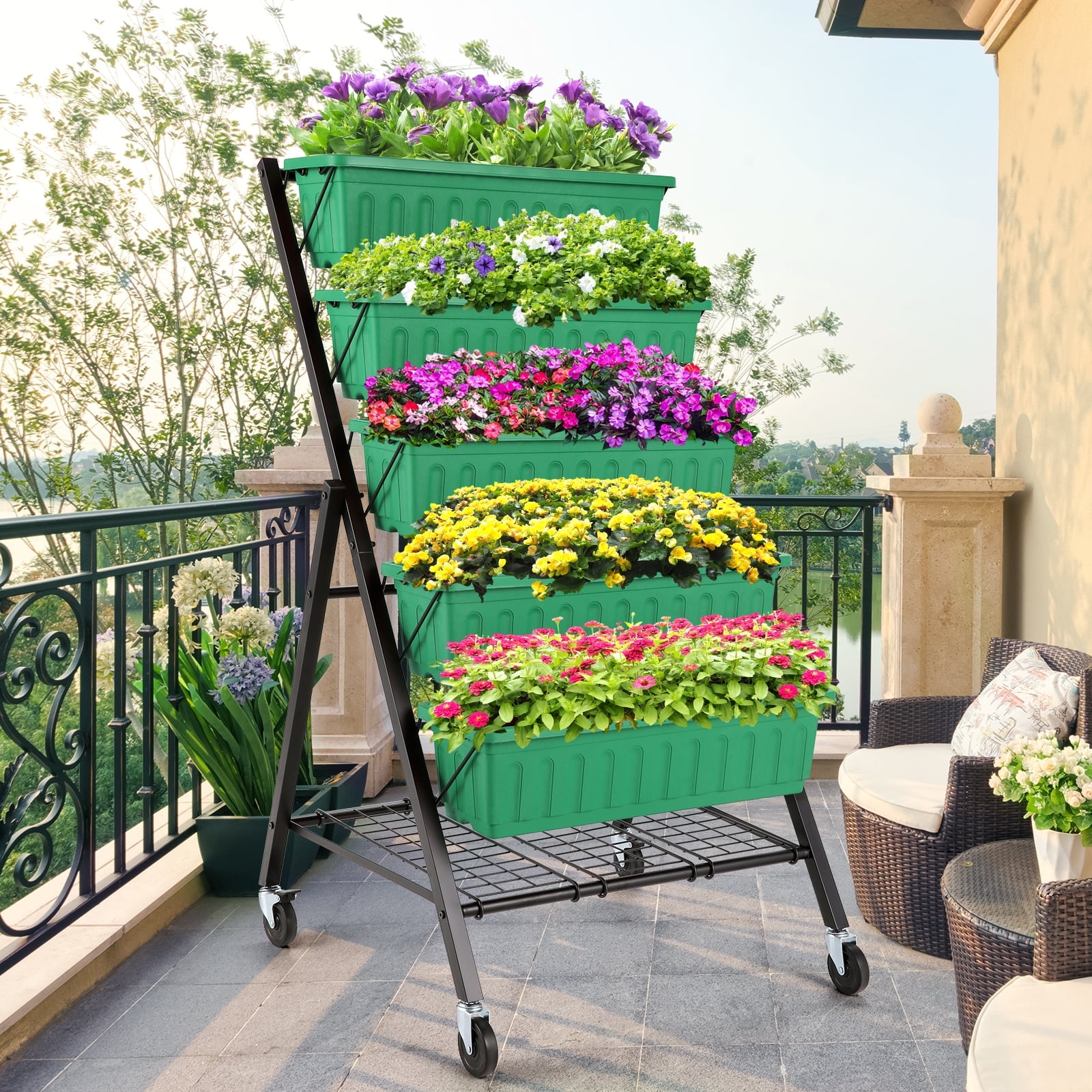 Homdox 5-Tier Vertical Garden Bed - 4FT Tall, 5 Planter Boxes, Wheels, Storage Rack, Indoor/Outdoor