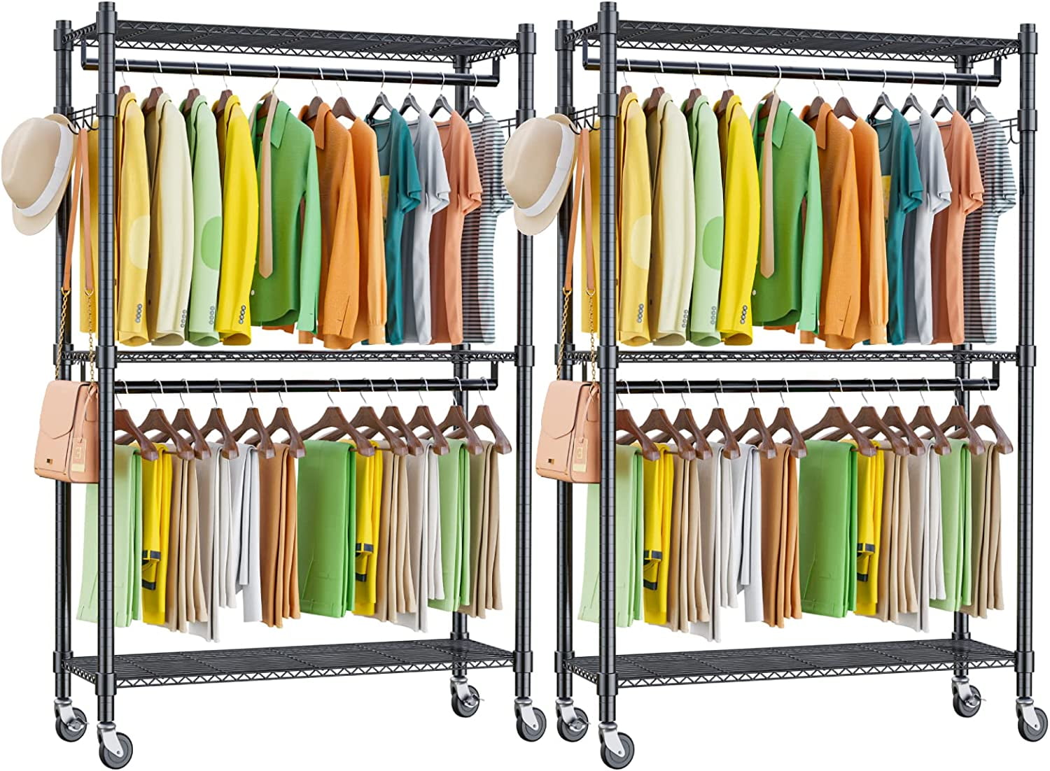 Homdox Double Rod Closet 3 Shelves Wire Shelving Clothing Rolling Rack