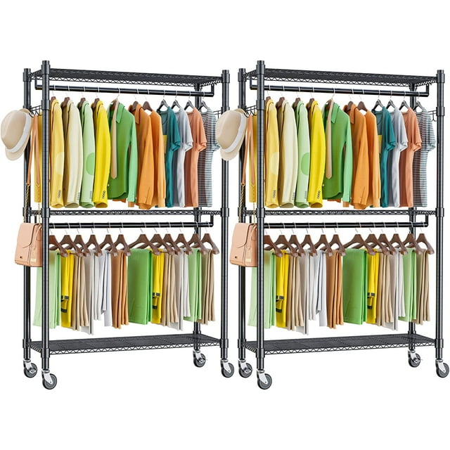 Homdox Double Rod Closet 3 Shelves Wire Shelving Clothing Rolling Rack