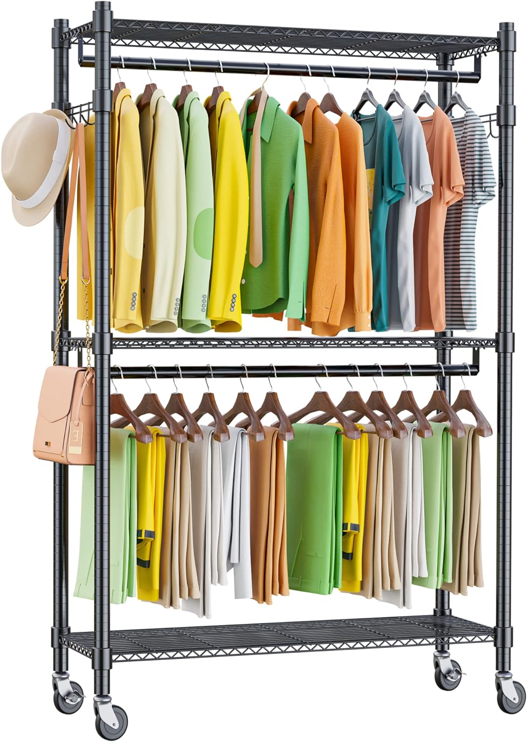 Homdox Double Rod Closet 3 Shelves Wire Shelving Clothing Rolling Rack ...