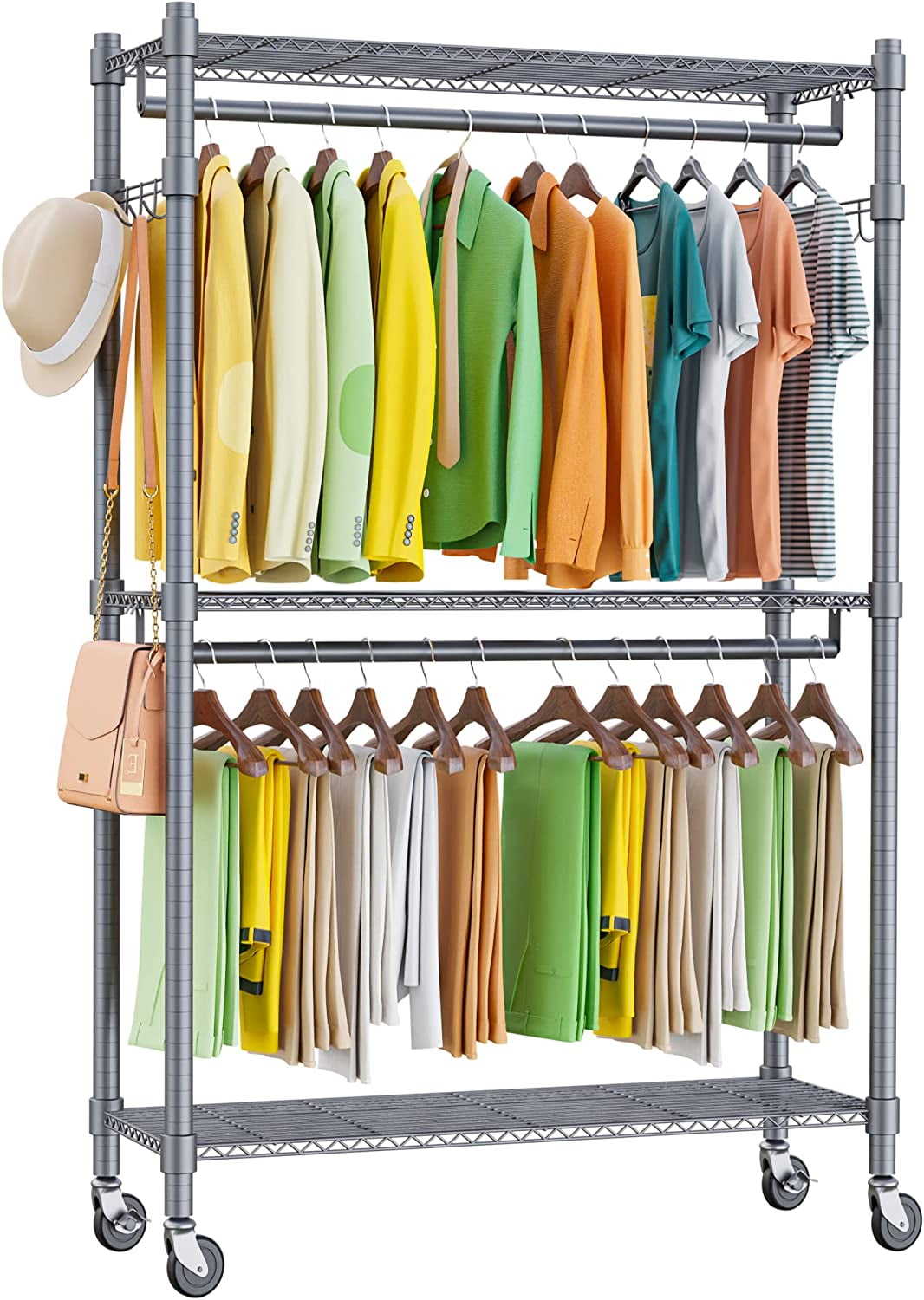 Homdox Garment Rolling Rack Clothing Rack with Double Clothes Rods and ...