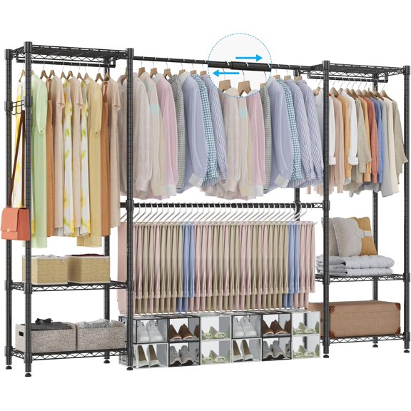 Homdox Heavy Duty Garment Rack with Extendable Hanging Rods, Adjustable Metal Clothing Rack for Hanging Clothes, Freestanding Closet Wardrobe Clothes Rack with Wire Storage Shelves, Black