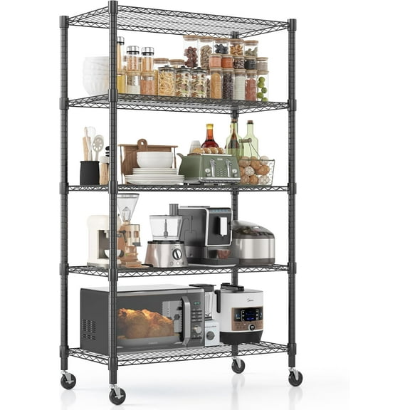 Homdox Heavy Duty Storage Shelves, 5 Tier Wire Shelving Unit with Wheels, Commercial Adjustable Metal Shelves for Storage, Garage Rack Pantry Shelves Kitchen Shelving, 18"x36"x82", Black