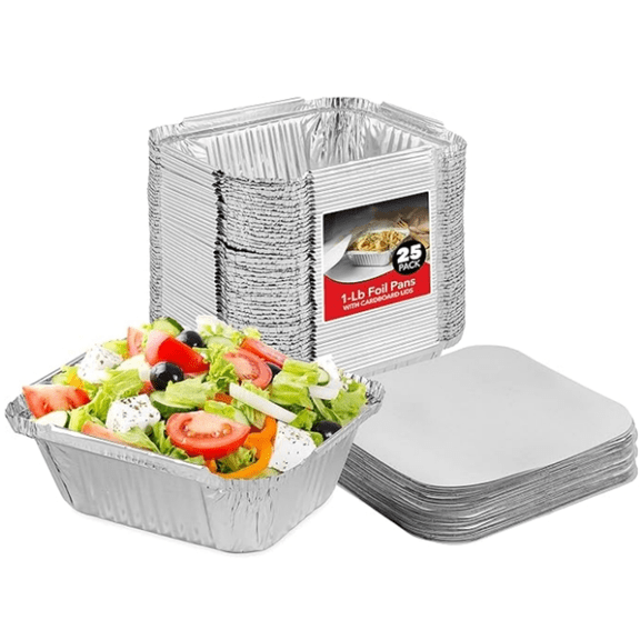 Your Home 1 Lb Aluminum Disposable Cookware With Lids (25 Pack) - Foil Pans Cardboard Lids - Disposable & Takeout Trays With Lids - Food Containers For Restaurants, Catering, Delis