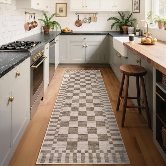 Home 26 Kitchen Runner Rug Non Slip Brown Checkered Rug,Washable Runner Rug for Hallway Soft Low-Pile Geometric Tan Brown Print Checkerboard Rugs for Entryway Kitchen Dining Room