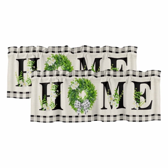 Home 2 Panels Kitchen Valance, Spring Country Farm Green Boxwood Flowers Wreath Linen Texture Curtains Valances for Small Windows Rod Pocket Window Treatments for Living Room Bedroom 42" W x 12" L