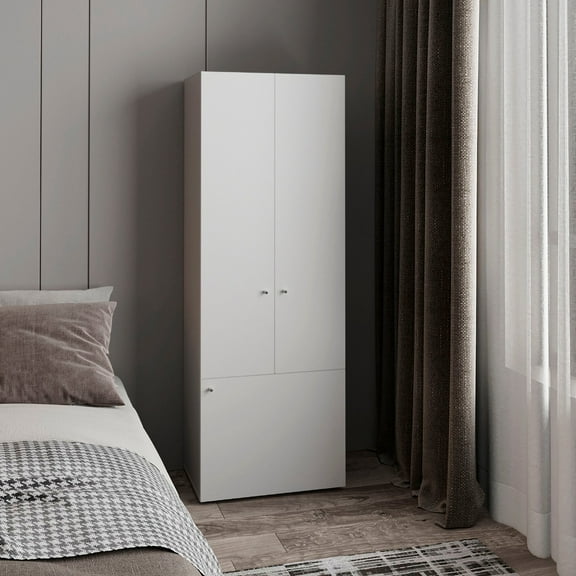 Home 3 Door Closet System with Hanging Rod for clothes and interior Shelves, Manufactured Wood Freestanding Bedroom Storage, Utility Room or Laundry Room Furniture