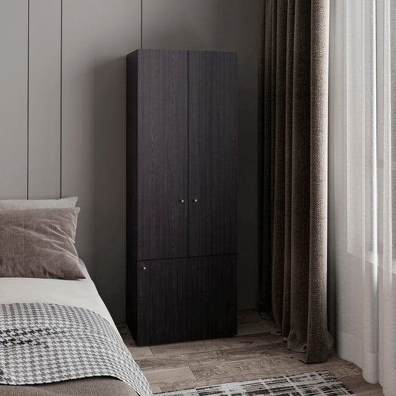 Home 3-Door Closet System with Five Interior Shelves and Hanging Rod, Freestanding Bed