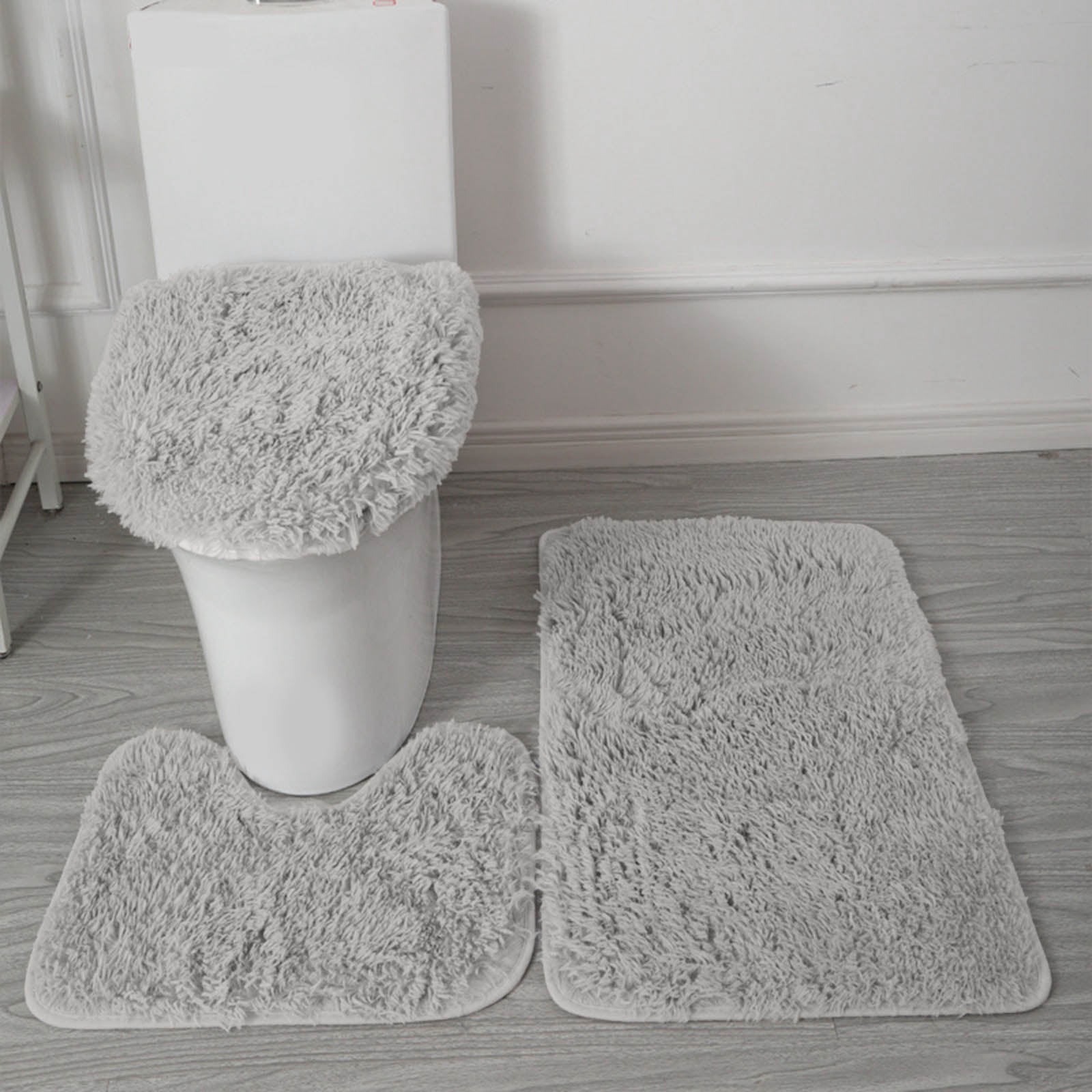 Home 3 Piece Bath Rug Set, Bath Mat, Contour Rug, Toilet Seat Lid Cover, Soft Pile, Water Absorbent Solid Color (Gray)
