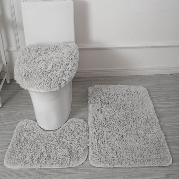 Home 3 Piece Bath Rug Set, Bath Mat, Contour Rug, Toilet Seat Lid Cover, Soft Pile, Water Absorbent Solid Color (Gray)
