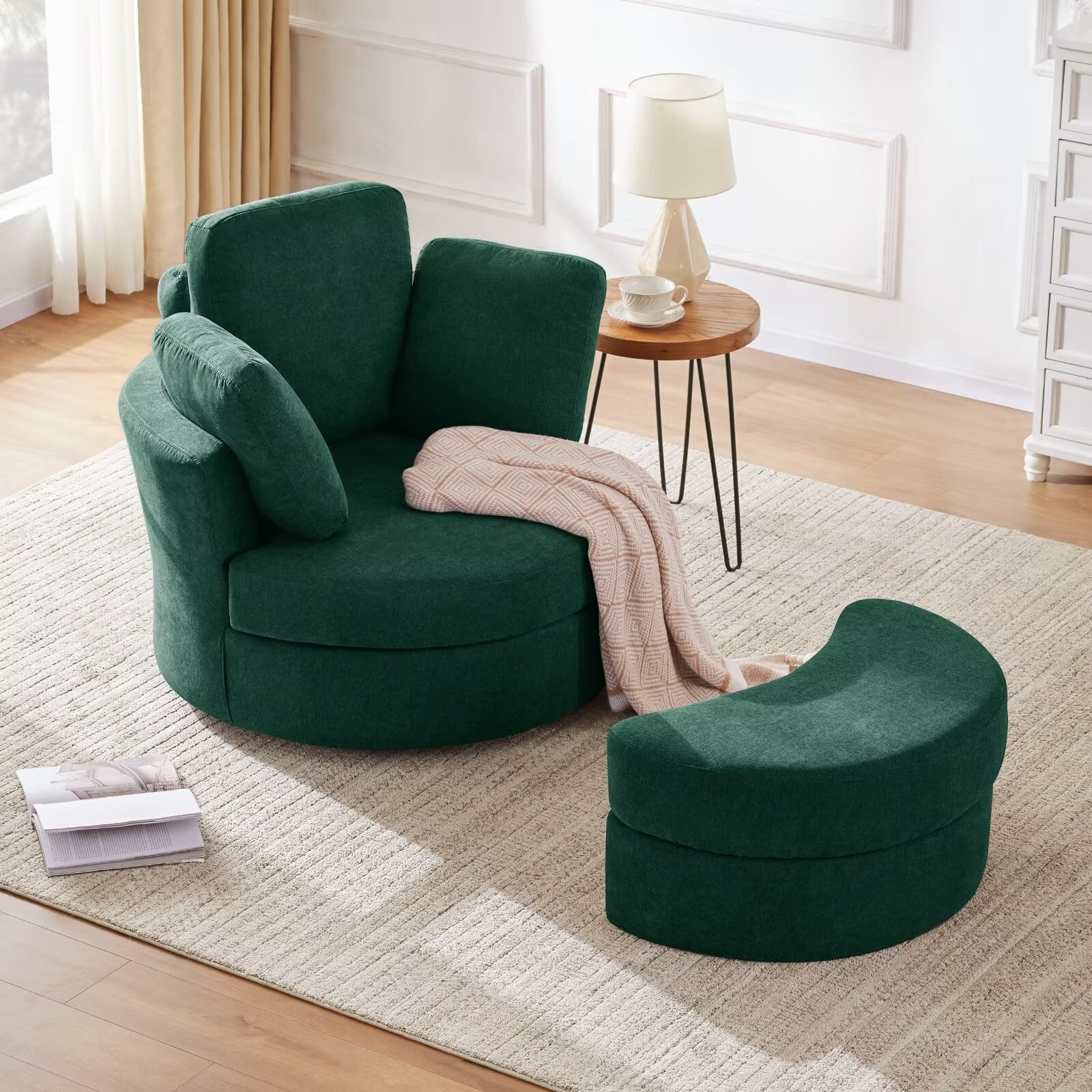 39" Swivel Accent Barrel Chairs with Removable Headrest, Chaise Lounge Indoor with Neck Support Pillow, Swivel Chairs for Living Room, Oversized Chair with Ottoman, Green