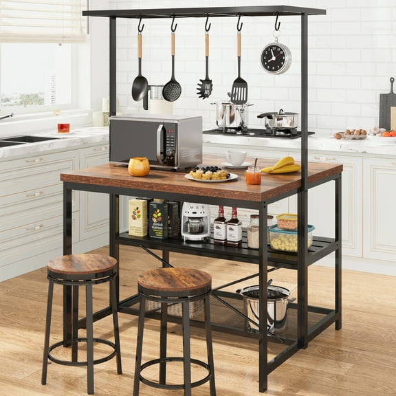 Home 42/47'' Large Kitchen Island with Power Outlet, Bakers Rack with Storage, Island Table for Kitchen, 3 Tier Microwave Stand Oven Shelf, Storage Shelf for Kitchen Dining Room Living Room, 5 Hook