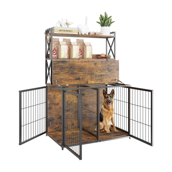 Home 42.5 Inch Pet Dog Crate Furniture with Shelves Storage,Dog Kennel with Divider,Wooden Dog Crate End Table with Flip Top,Large Dog Cage for Indoor,3 Doors Pet Crate Furniture