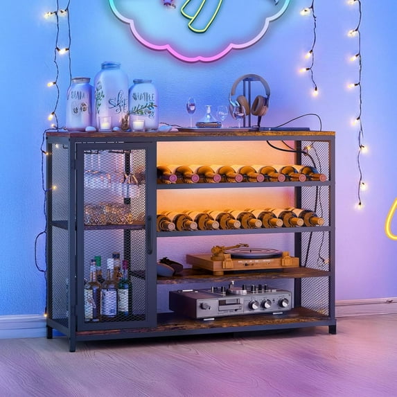 Home 47" RGB LED Light Wine Bar Rack with Power Outlet,Coffee Bar Cabinet with Glass Holder 4 Tiers,Farmhouse Kitchen Buffet Cabinet with Rack, Liquor Cabinet Bar for Home Living Room