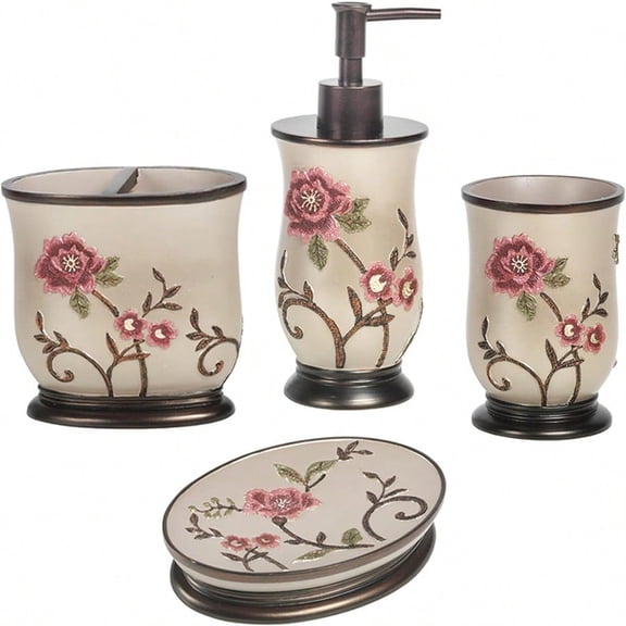 Home 4pc Larrisa Floral Bathroom Accories Sets Modern Classic Flower Soap Dispenser Tumbler Tooth Brush Holder and Soap Dish Holder Luxury Decor Unique Design Stylish Bathroom Sets