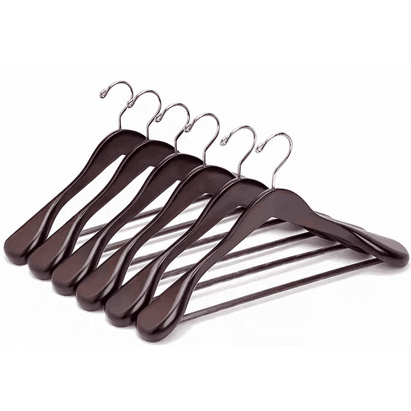 Home 6 Pack Walnut Wide Shoulder Wooden Suit Coat Hangers with Non Slip 6