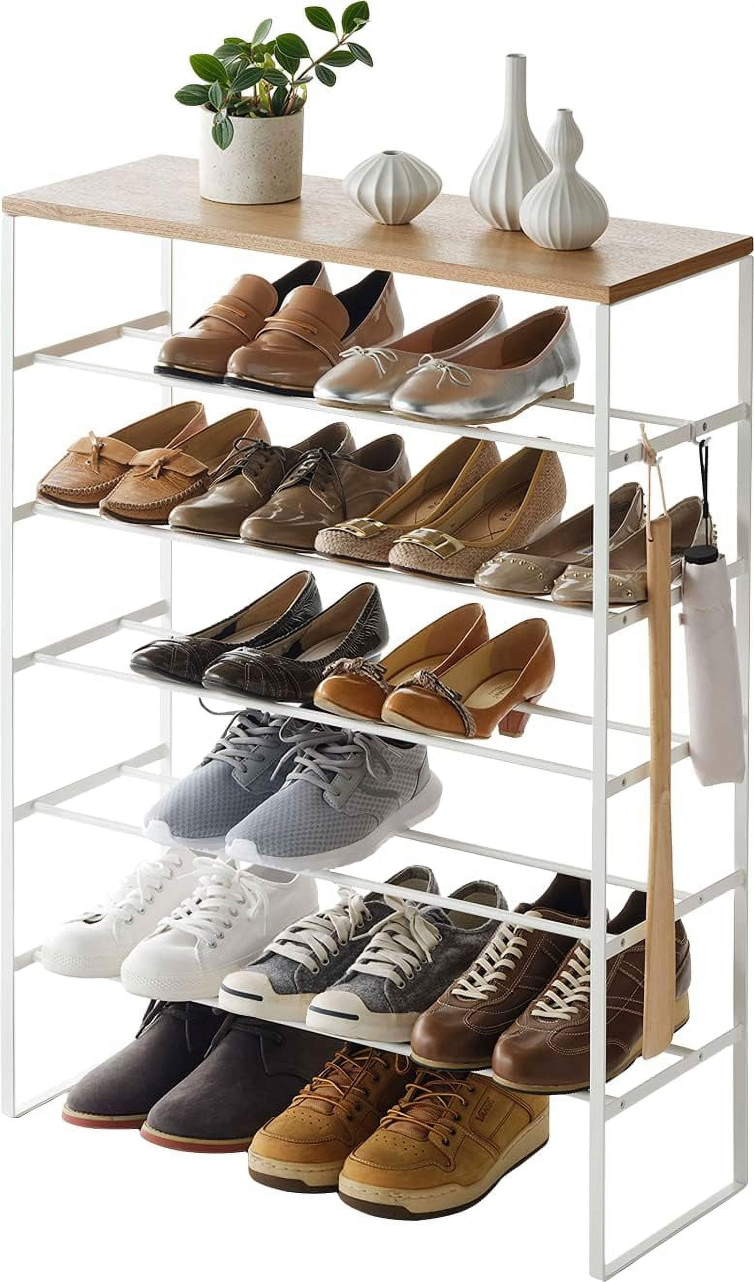 Tiered Minimalist White Steel Shoe Rack with Wood Top