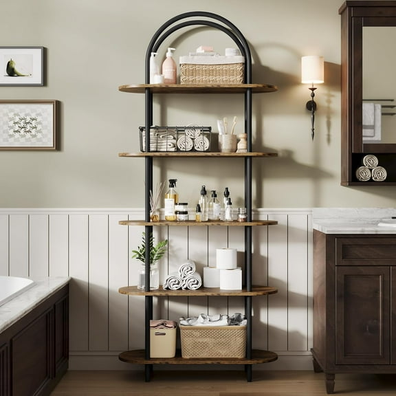 Home 71" Bookshelf 5 Tier Bookcase Arched Display Racks Tall Bookshelf Freestanding Open Storage Shelf with Sturdy Metal Frame for Bedroom Living Room Home Office Bathroom Retro Color