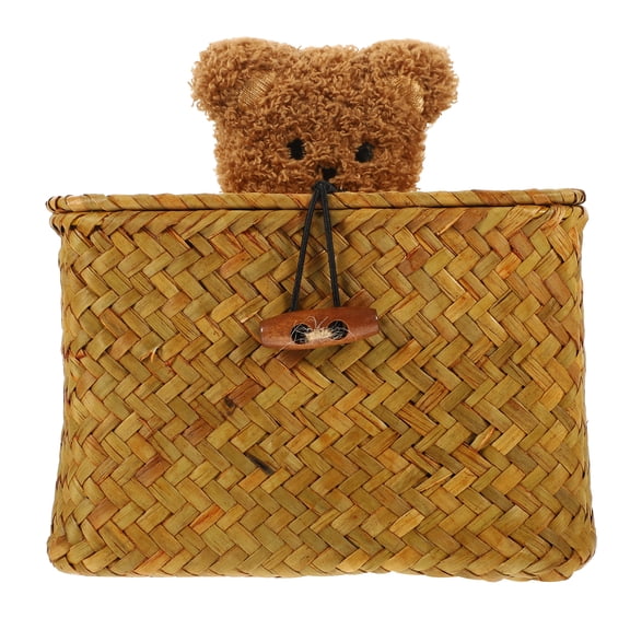 NUOLUX Decorative Brown Woven Basket with Lid Storage Bin for Shelf and Desktop Organization