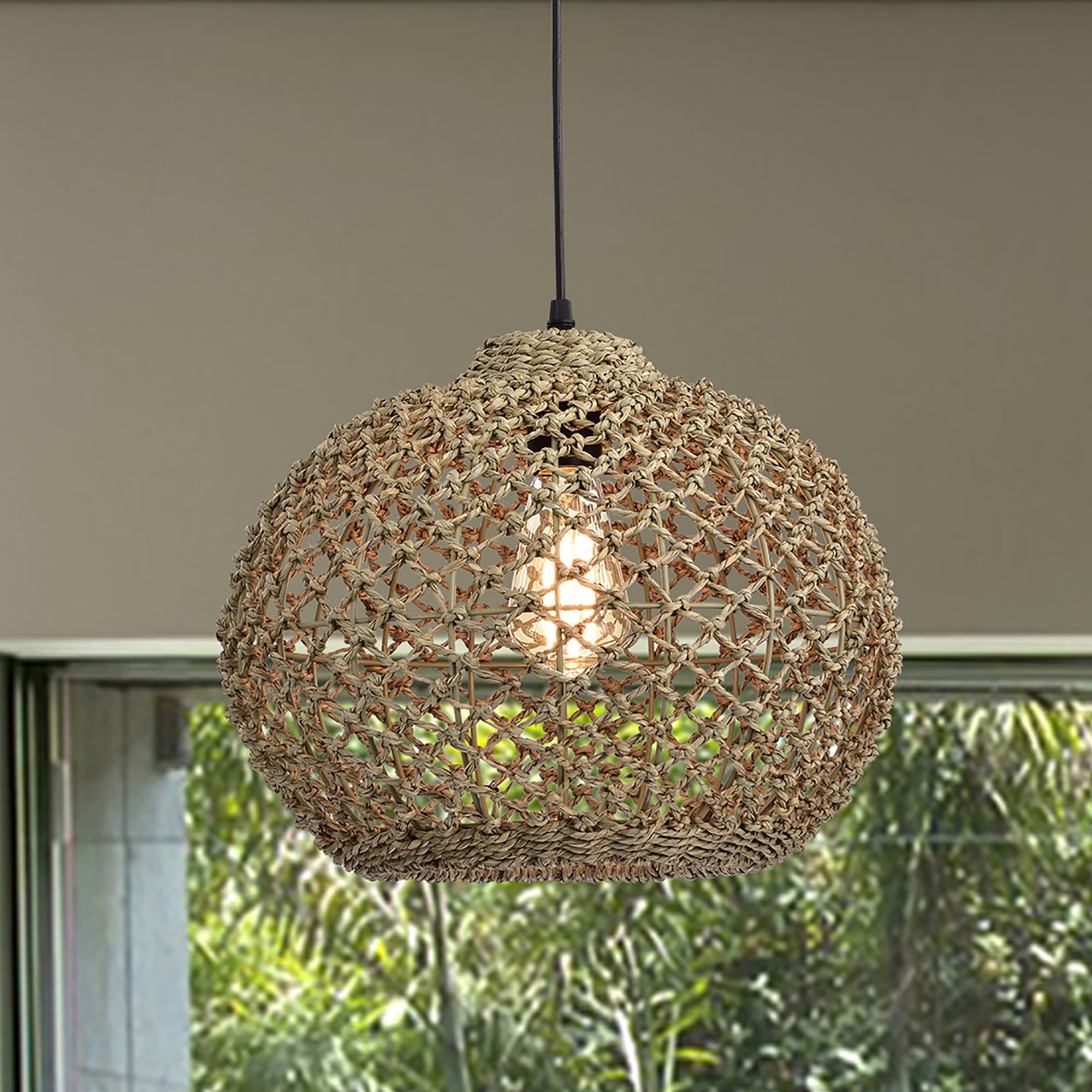 Matte Black and Natural Woven Rattan Dome Pendant Light