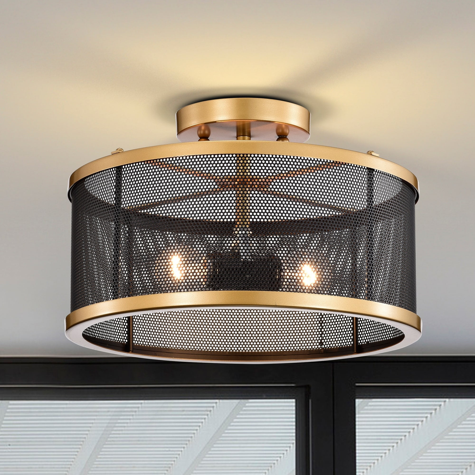 Home Accessories Perin Matte Black+Gold 2-Light Metal Drum Semi-Flush Mount