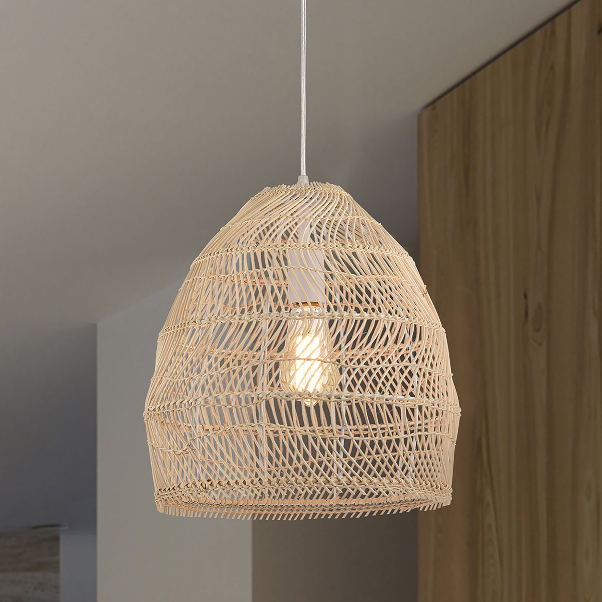 Theo Cream Rattan Dome Pendant Light with Glass Shade
