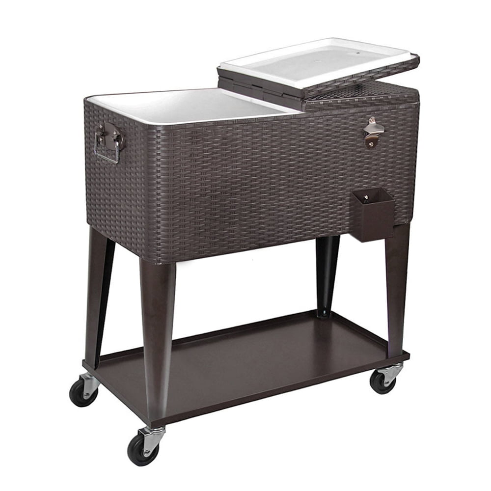 Home Aesthetics 80 Quart Qt Rolling Cooler Ice Chest  Beverage Cart, Dark Brown