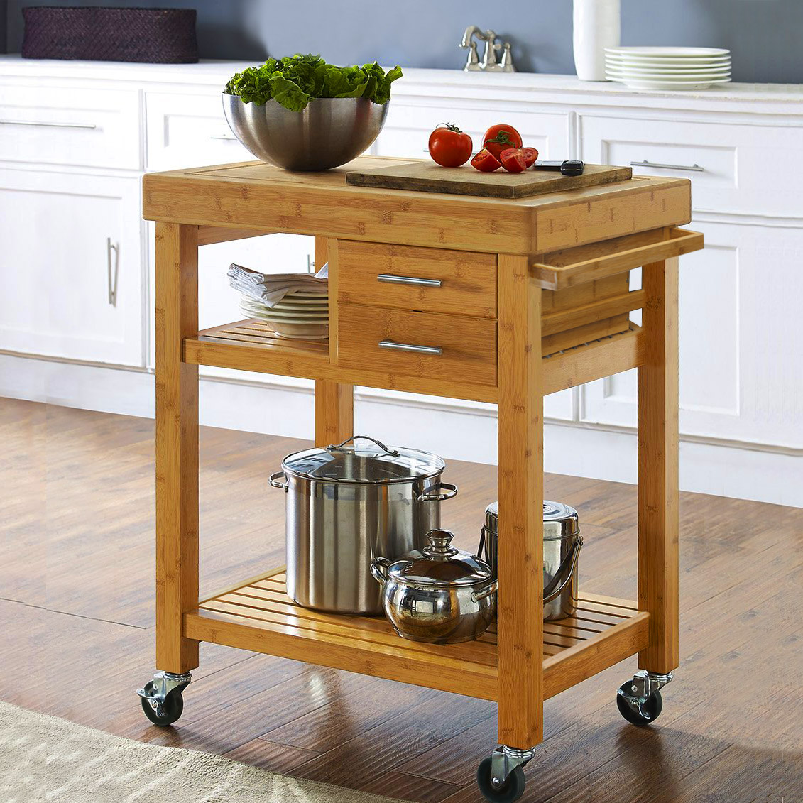 Costway Bamboo Kitchen Trolley Cart Wood Rolling Island w/ Tower Rack & Drawers