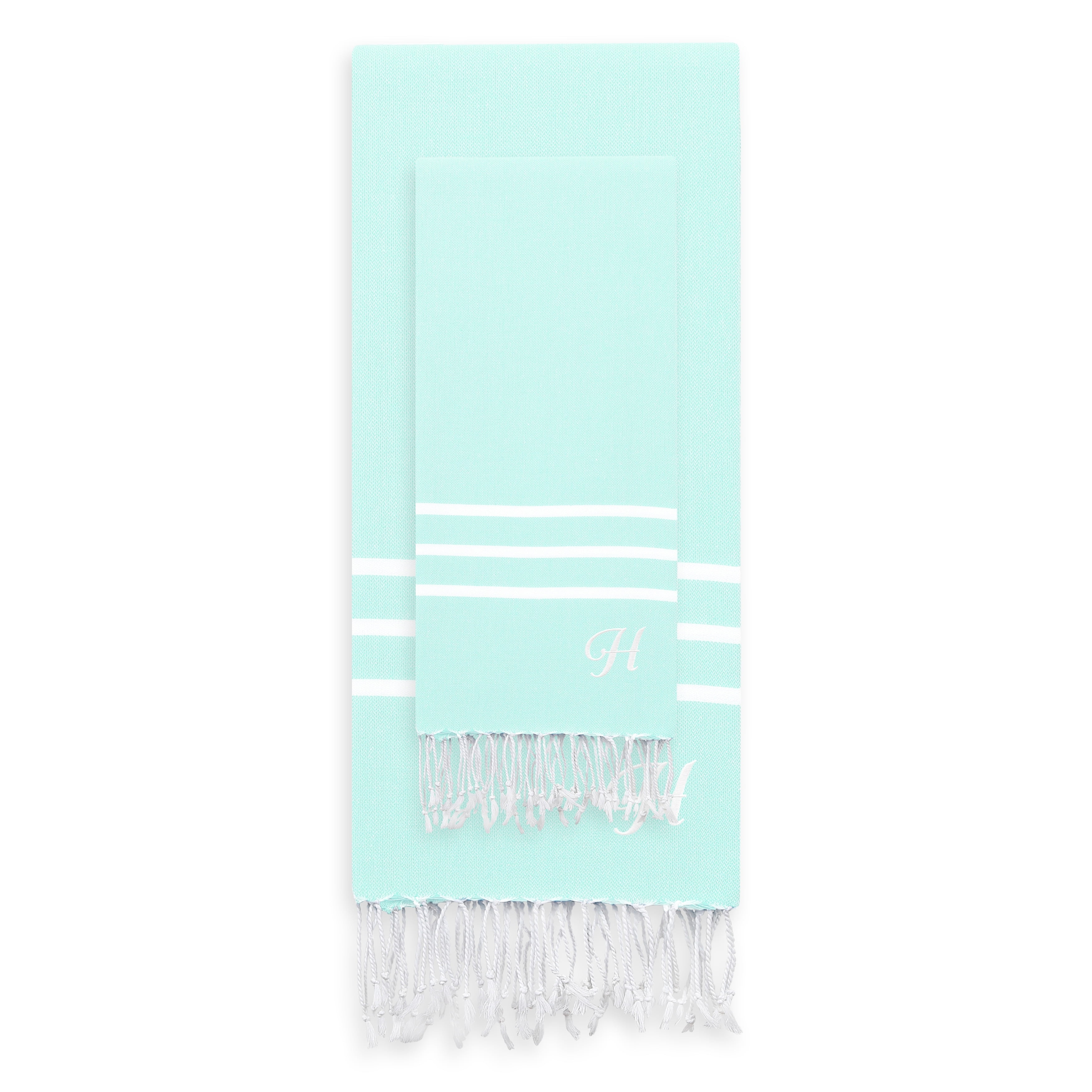 Home Alara 100% Turkish Cotton Monogrammed White and Aqua Pestemal Beach Towel Set