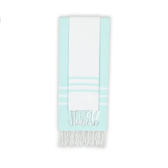 Home Alara 100% Turkish Cotton Monogrammed White and Aqua Pestemal Beach Towel Set