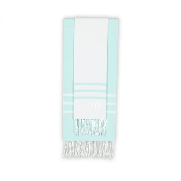 Home Alara 100% Turkish Cotton Monogrammed White and Aqua Pestemal Beach Towel Set