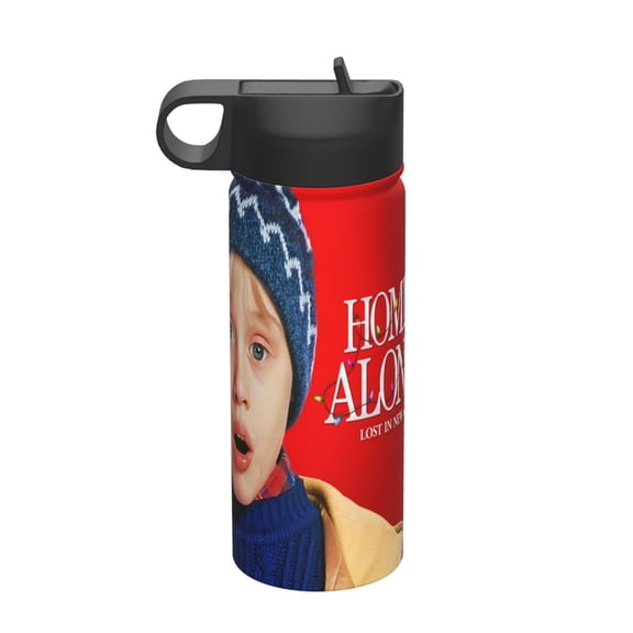 Home Alone Kids Insulated Water Bottle With Straw - 18 Oz Stainless Steel Double Wall Vacuum Cup, Leakproof, Bpa Free, Suitable For Boys And Girls