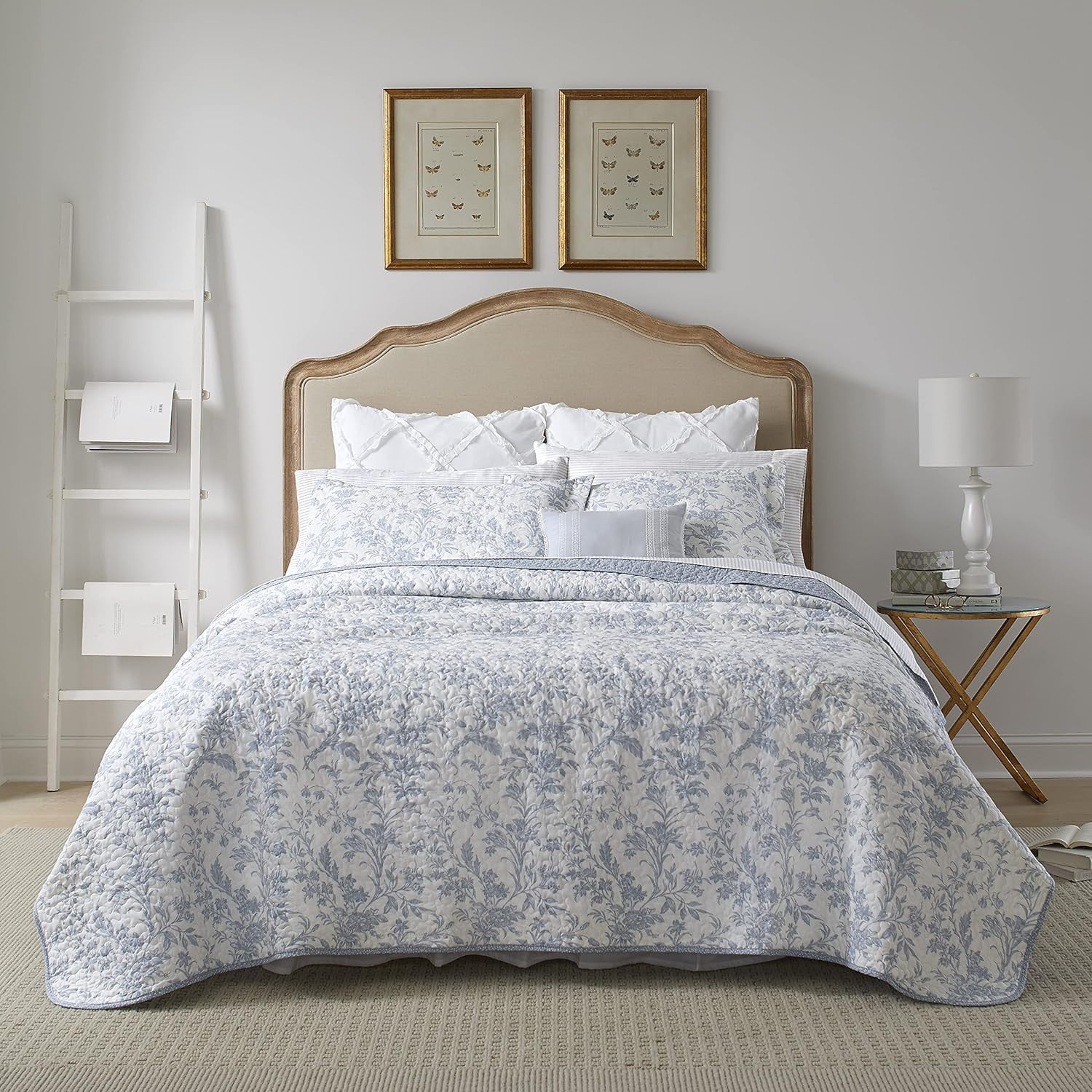 Blue Floral Twin Cotton Reversible Quilt Set with Sham