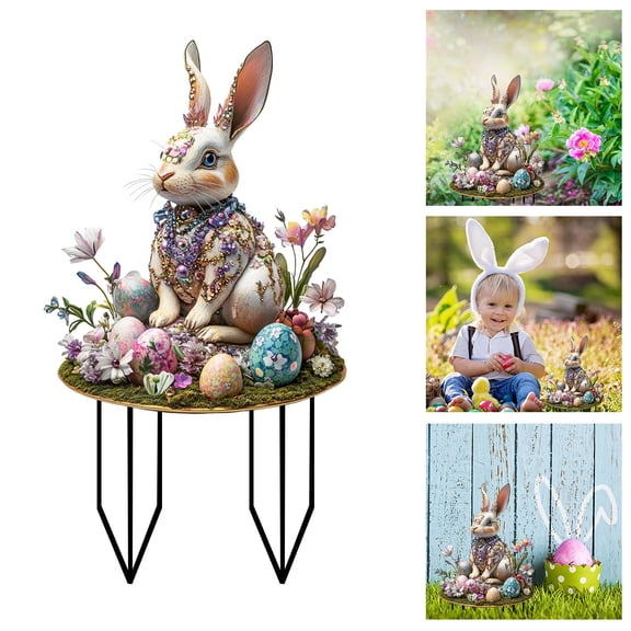 Home And Garden Outdoor Equipment, Easter Colored Eggs And Bunnies Inserted The Ground