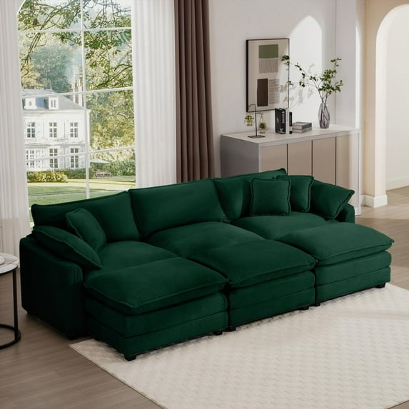 Modern L-Shaped Green Corduroy Sofa with Portable Ottoman and Deep Seating