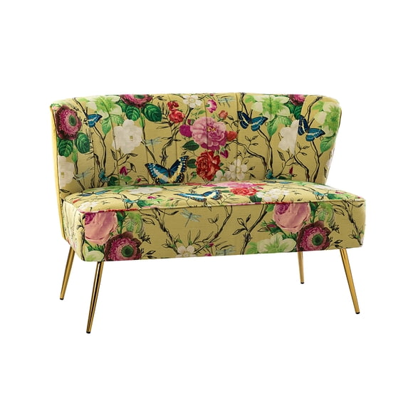 Home Armless Loveseat Sofa Fabric Flower Bench Bed Chair Golden Leg Bedroom Living Room Tufted Back Mustard