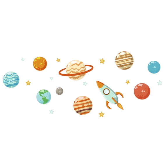 Home Art 8" x 20" Planets Stars Moon & Space Shuttle Rocket Ship Adhesive Decoration Solar System Galaxy Design Removable Vinyl Outer Space Wall Decal Sticker