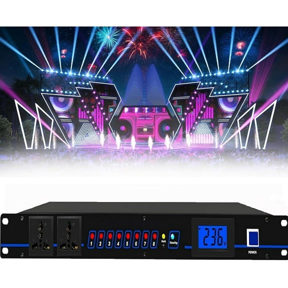 Home Audio Equalizer, Stereo Equalizer Real Time Frequency Level Display with LED LIGHT, 8-way Power Output/Forward and Reverse Time Switch, for Broadcasting