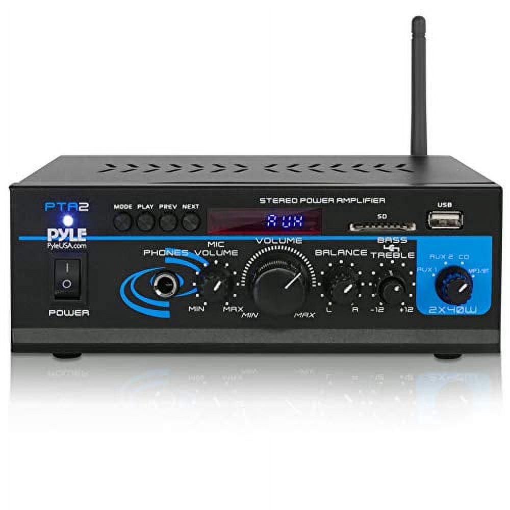 Home Audio Power Amplifier System - 2X40W Mini Dual Channel Mixer Sound Stereo Receiver Box w/ AUX, Mic Input - For Amplified Speakers, PA, CD Player, Theater via RCA, Studio Use - Pyle PTA2