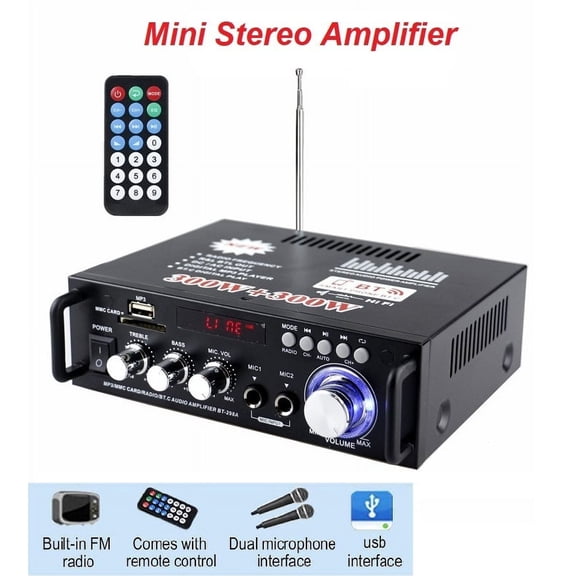 Home Audio Receivers & Amplifier 300W+300W 2 Channel Wireless Blue tooth 5.0 Power Sound Receiver Mini Home Theater Speaker Support USB,SD Card,FM Radio,12V 110V, Black