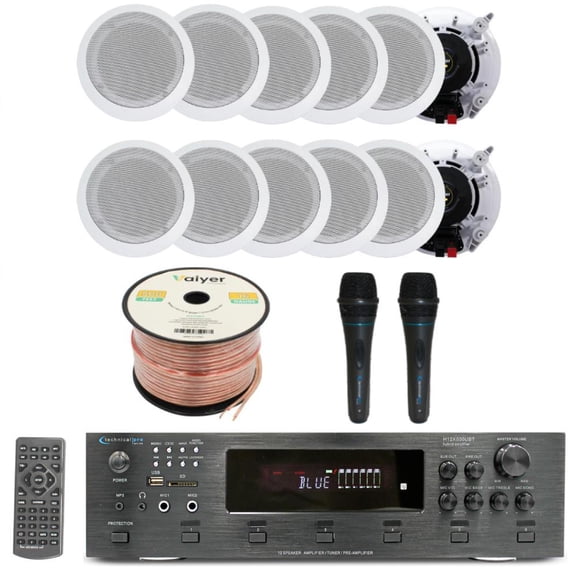 Home Audio System Kit - 6 Channel 6000 W Bluetooth Amplifier w/ 12 QTY of 5.25" in-Wall in-Ceiling Speakers 175 W Each, 2 QTY of Wired Mic, 500 ft Speaker Wire & Remote by Technical Pro
