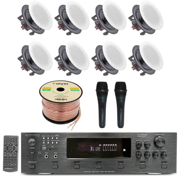 Home Audio System Kit - 6 Channel 6000 W Bluetooth Amplifier w/ 8 QTY of 6.5" Frameless in-Wall in-Ceiling Speakers 200W Each, 2 QTY of Wired Mic, 500 ft Speaker Wire & Remote by Technical Pro