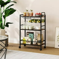 Home Bar Serving Cart, Serving Cart with Wheels and Handle, 3 Tier Rolling Kitchen Cart, Microwave Cart, Beverage Cart with Wine Holder and Glass Holders, for Dinning Room, Living Room, Kitchen