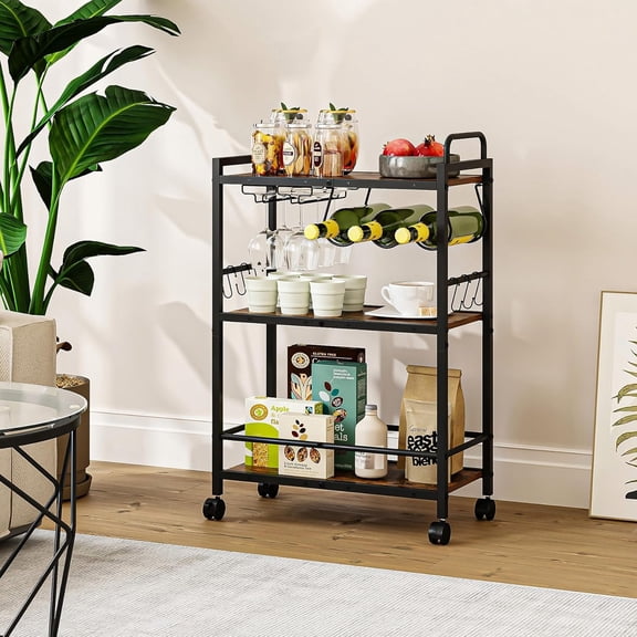 Home Bar Serving Cart, Serving Cart with Wheels and Handle, 3 Tier Rolling Kitchen Cart, Microwave Cart, Beverage Cart with Wine Holder and Glass Holders, for Dinning Room, Living Room, Kitchen